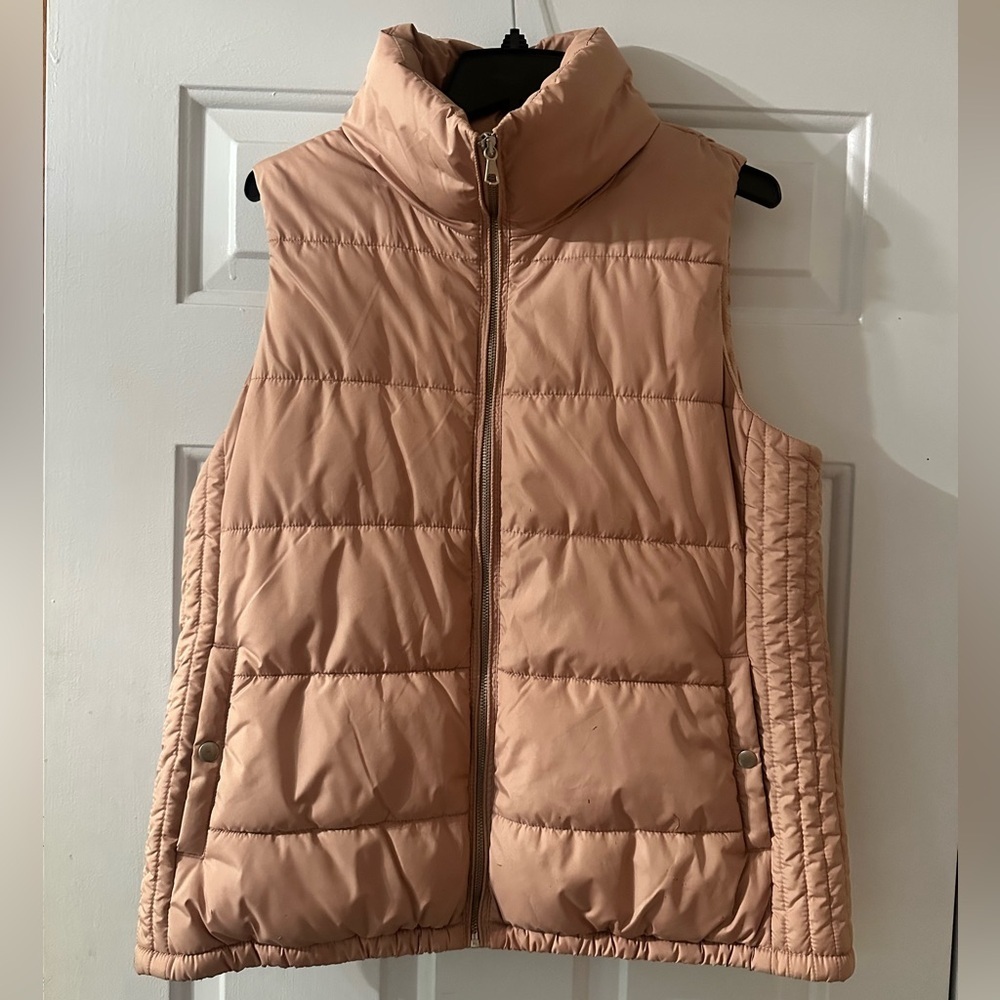 Old Navy Puffer Vest Womens Size L Blush Pink Fleece Lined Full Zip Snap Pockets